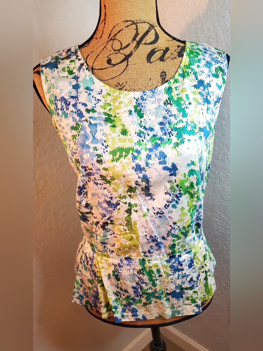 Ann Taylor Sleeveless Watercolor Print Peplum Top in Blue & Green